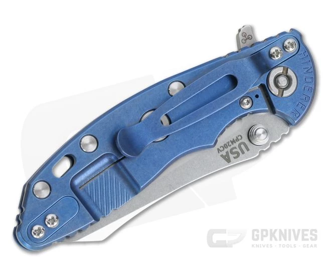 Hinderer XM-18 3" Skinner Stonewashed 20CV Translucent G10 Blue Titanium Tri-Way Pivot Flipper 1109 4 Hinderer XM-18 3" Skinner Stonewashed 20CV Translucent G10 Blue Titanium Tri-Way Pivot Flipper 1109 - Image 2