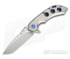 Olamic Cutlery Wayfarer 247T Orange Peel Blue 3-Hole Tanto Satin M390 Flipper