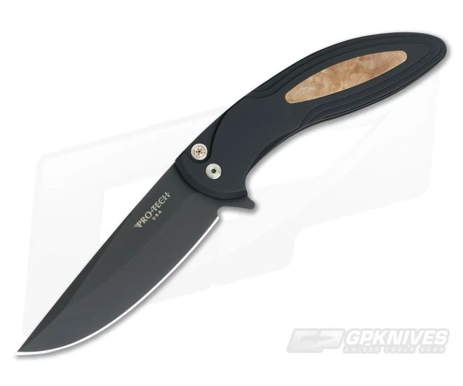 Protech Cambria Flipper Black DLC Plain Edge Maple Burl Inlay CF07 3 Protech Cambria Flipper Black DLC Plain Edge Maple Burl Inlay CF07