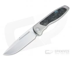 Sharp By Design Mini Tempest Drop Point Satin M390 Marvel Blue FatCarbon Front Flipper Knife